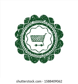 Green shopping cart icon inside distress grunge stamp