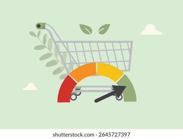 Green Shopping Cart Performance Gauge Concept. Sustainable retail metrics, eco-friendly commerce measurement, and green business analytics.  Sustainable procurement. Vector illustration