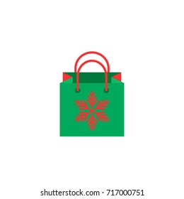 green shopping paper bag with red snowflake. flat icon isolated on white.  vector illustration. Christmas present shopping symbol. New year gift.