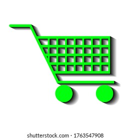 Green shopping trolley on a white background and black shadow, sign for design, vector illustration