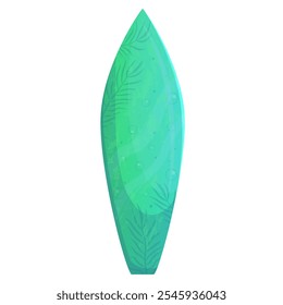 Green Shortboard surfboard decorated with tropical leaves and bubbles, evoking a refreshing and summery vibe, perfect for riding the waves with style