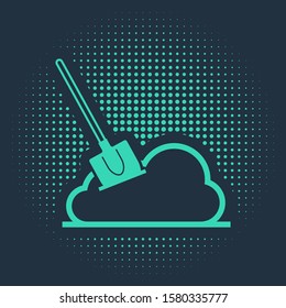 Green Shovel in the ground icon isolated on blue background. Gardening tool. Tool for horticulture, agriculture, farming. Abstract circle random dots. Vector Illustration