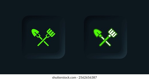 Green Shovel and rake icon isolated on black background. Tool for horticulture, agriculture, gardening, farming. Ground cultivator. Black square button. Vector