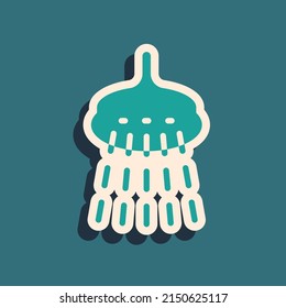 Green Shower head with water drops flowing icon isolated on green background. Long shadow style. Vector