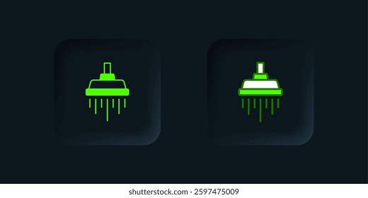 Green Shower head with water drops flowing icon isolated on black background. Black square button. Vector