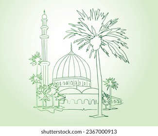 Green shrine vector illustration. Masjid e Nabawi. Holy dome, celebrating 12 rabi ul awal. eid milad un nabi. Prophet Muhammad's Birthday Festival. Outline Mosque illustration along with Palm trees.