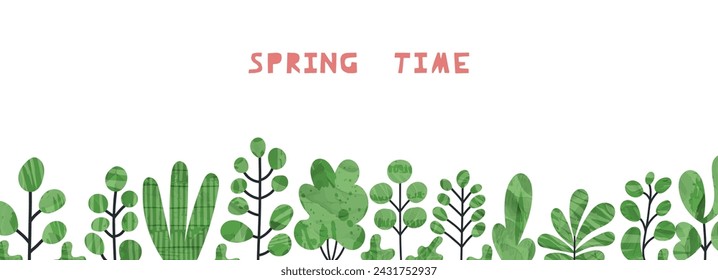 Green shrub bush collage background. Spring header design, simple nature banner, border with abstract plant element. cute garden leaf textured vector illustration. Minimal tree shape card template