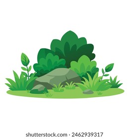 Green shrub plants gardening design position with rock on lush green grass cut out, flat vector illustration