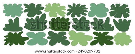Green shrub top view, aerial shape. Vector blob, organic figure, abstract form, irregular tree. Amoeba simple blot. Asymmetric spot, Illustration plant, splash icon, shrubbery field, pine nature stain