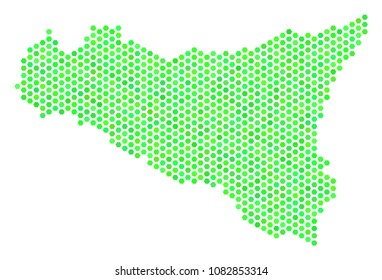 Green Sicilia map. Vector hexagon territory map using fresh green color tinges. Abstract Sicilia map composition is designed with hexagon spots.