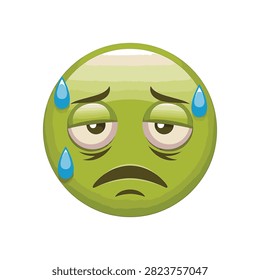 Green sick emoticon with sweating drops and tired eyes isolated on white background. Exhausted emoji face showing signs of nausea, illness, fatigue, and physical drain.