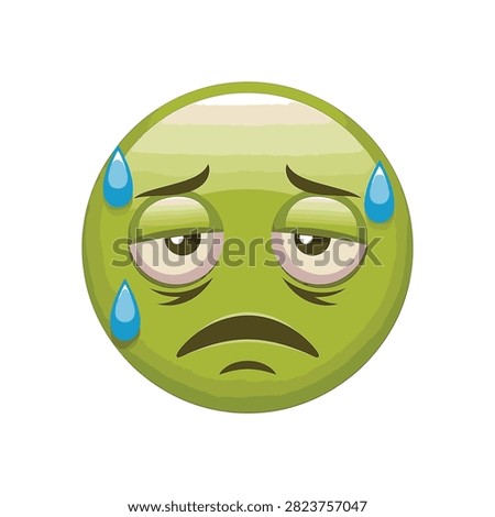 Green sick emoticon with sweating drops and tired eyes isolated on white background. Exhausted emoji face showing signs of nausea, illness, fatigue, and physical drain.