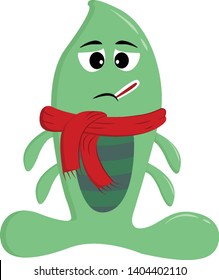 A green sick monster with red scarf, with thermometer on the mouth, with two big eyes, looks sad, with two feet and four hands, vector, color drawing or illustration. 