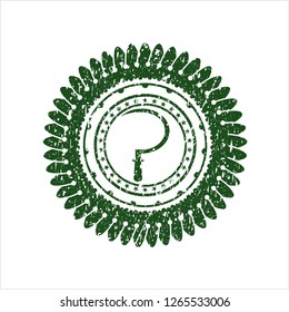 Green sickle icon inside distressed grunge style stamp