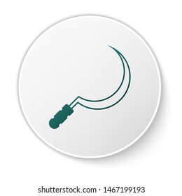 Green Sickle icon isolated on white background. Reaping hook sign. White circle button. Vector Illustration