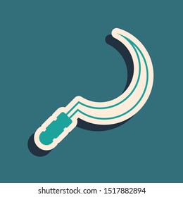 Green Sickle icon isolated on blue background. Reaping hook sign. Long shadow style. Vector Illustration