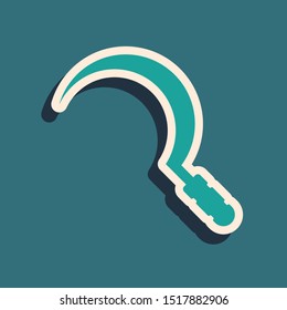 Green Sickle icon isolated on blue background. Reaping hook sign. Long shadow style. Vector Illustration