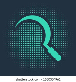 Green Sickle icon isolated on blue background. Reaping hook sign. Abstract circle random dots. Vector Illustration