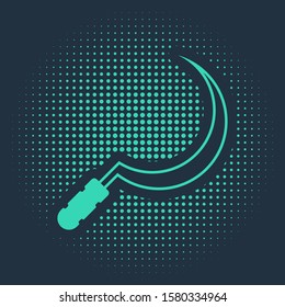 Green Sickle icon isolated on blue background. Reaping hook sign. Abstract circle random dots. Vector Illustration