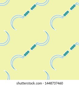 Green Sickle icon isolated seamless pattern on yellow background. Reaping hook sign.  Vector Illustration