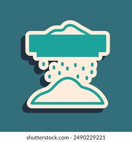 Green Sifting flour, cereals or powdered sugar through sieve icon isolated on green background. Long shadow style. Vector