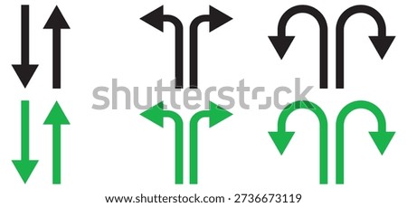 Green sign arrow set. go straight, turn left, turn right, u turn direction sign. Alternate Route line and filled flat designs. Go Straight This Way One Way Only U Turn Left and Right Black Arrow Sign