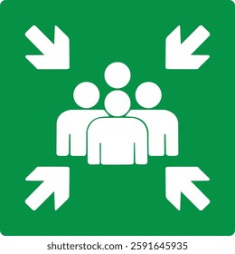 Green sign assembly point. Designation a safe place where employees, visitors or residents the facility should gather in case of evacuation. Avoiding chaos in an emergency. Iso 7010.