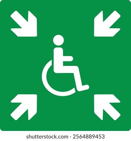 Green sign assembly point for people with disabilities. Designates a safe place where people with limited mobility can gather in an emergency while waiting for help to evacuate. Safety first.