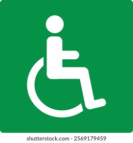 Green sign assembly point for people with disabilities. Designates a safe place where people with limited mobility can gather in an emergency while waiting for help to evacuate. Safety first.