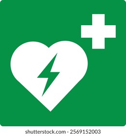Green sign automatic external defibrillator. Location the AED automatic external defibrillator for emergency assistance in cases heart attack or sudden cardiac arrest. Providing first aid. Iso 7010.