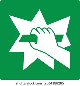 Green sign break to obtain access. Place where glass must be broken to gain access to equipment or an object in an emergency. Hand with an object that breaks glass. Safety symbol. Iso 7010.