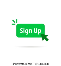 green sign up button isolated on white. flat cartoon modern logotype graphic art design illustration element. concept of signup on site or apply now to community and open registration