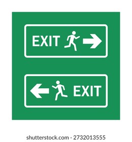 Um sinal verde exibe duas caixas retangulares brancas com a palavra SAÍDA e uma figura em execução indicando a direção. Uma caixa mostra EXIT com uma figura correndo para a direita, e a outra mostra uma figura correndo para a esquerda com EXIT.