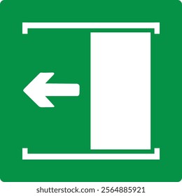 Green sign door slides left to open. Door opening directions in emergency or normal situations. Simplifies orientation and promotes safety, especially in emergency situations. Iso 7010.