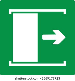 Green sign door slides right to open. Door opening directions in emergency or normal situations. Simplifies orientation and promotes safety, especially in emergency situations. Iso 7010.