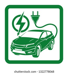 Green sign of electric car on a white background.