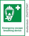 Green sign emergency escape breathing device. Location of emergency breathing mask. Safety equipment. Protection of face and respiratory tract in hazardous conditions. Safety symbol. Iso 7010.