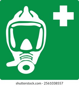 Green sign emergency escape breathing device. Location of emergency breathing mask. Safety equipment. Protection of face and respiratory tract in hazardous conditions. Safety symbol. Iso 7010.