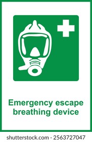 Green sign emergency escape breathing device. Location of emergency breathing mask. Safety equipment. Protection of face and respiratory tract in hazardous conditions. Safety symbol. Iso 7010.