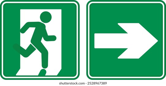 Green Sign Emergency Exit Pointing Right. Vector Icon. Warning Sign. Man Running Towards Door. Emergency Evacuation Symbol