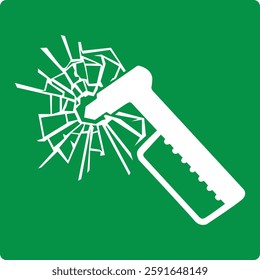 Green sign emergency hammer. Indication the location a hammer intended for breaking glass in emergency situations. Access to escape routes through windows or glass barriers. Iso 7010.