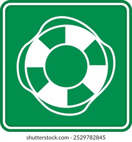 Boya salvavidas de emergencia Green Sign. Icono de Vector. Señal de evacuación. Servicio de Rescate por Ahogamiento. Primeros auxilios para las víctimas del Ocio de agua
