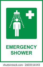 Green sign emergency shower. Location emergency shower, which is designed to quickly wash away hazardous substances, minimizing risks to health and life. Iso 7010.
