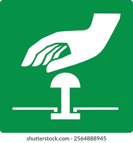 Green sign emergency stop button. Location the button intended for immediate stop equipment, mechanisms or processes in an emergency situation. Prevention threat to health and life people. Iso 7010.