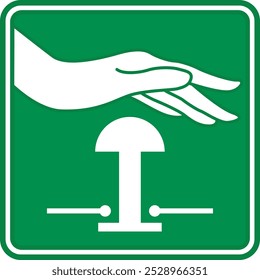 Green Sign Emergency Stop Push Button. Vector Icon. Evacuation Sign. Industrial Safety, Observe Work Rules at the Facility. Emergency Situation