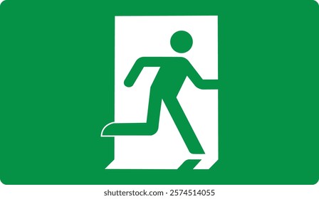 Green sign evacuation exit. Designations location emergency evacuation exit. Quick and safe exit from a building or facility in case emergency. Direction a safe area. Iso 7010. Fire exit.