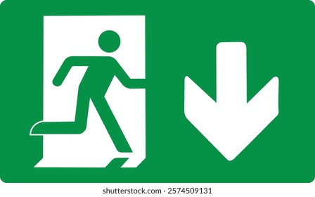 Green sign evacuation exit down. Designations location emergency evacuation exit. Quick and safe exit from a building or facility in case emergency. Direction a safe area. Iso 7010. Fire exit.