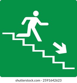 Green sign evacuation exit down steps. Designations location emergency evacuation exit. Quick and safe exit from a building or facility in case emergency. Direction a safe area. Iso 7010. Fire exit.