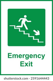 Green sign evacuation exit down steps. Designations location emergency evacuation exit. Quick and safe exit from a building or facility in case emergency. Direction a safe area. Iso 7010. Fire exit.