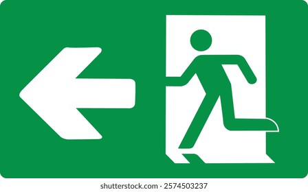 Green sign evacuation exit left. Designations location emergency evacuation exit. Quick and safe exit from a building or facility in case emergency. Direction a safe area. Iso 7010. Fire exit.